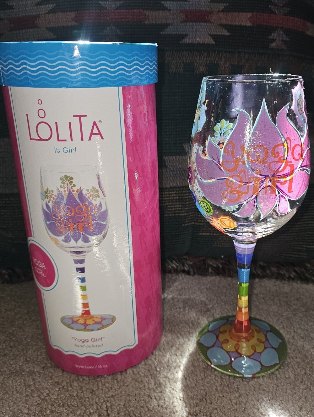 Lolita "Yoga Girl" hand-painted wine glass.
